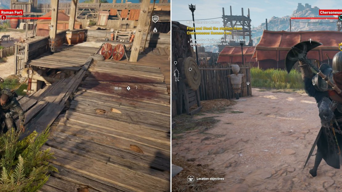 Infiltrate the Chersonesos Roman Fort and start picking off soldiers as the opportunity presents itself (left) and when the fort is clear, go after the super captain (right).