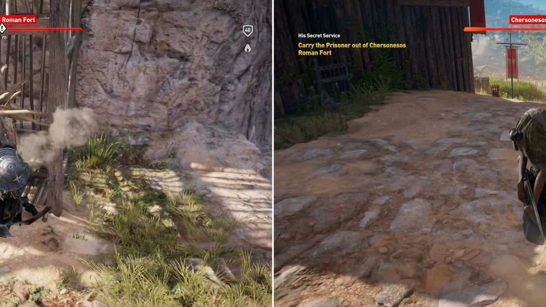 Find and free a captive spy (left) then carry him to safety outside of the camp (right).