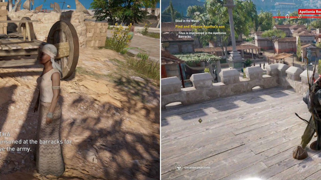 Talk to Agatha to start the quest (left) then start clearing out the Apollonia Roman Barracks (right).