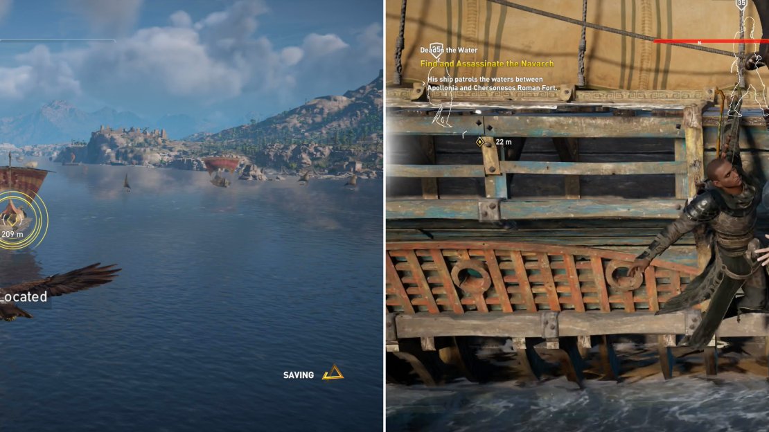Use Senu to locate the Navarch (left) then intercept the ship and start picking off Romans, including the Navarch (right).