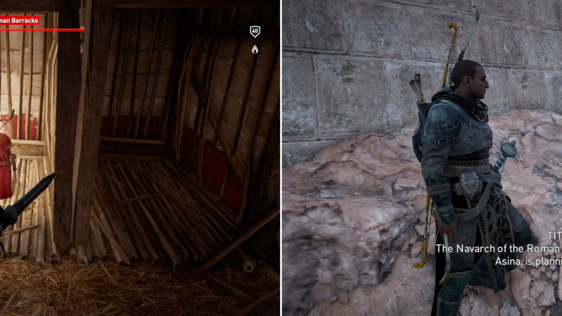 Free Agatha’s son Titus (left) then escort him out of the barracks and he’ll tell you about the nefarious Roman Navarch (right).