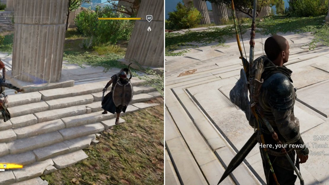 Kill the bandits harassing Sminthos (left), then give him the treasure he seeks (right).