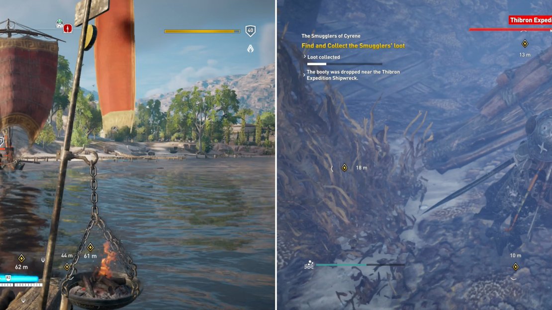 Some Romans seek to claim your treasure, dissuade them with death (left) then dive into the water and plunder a shipwreck (right).