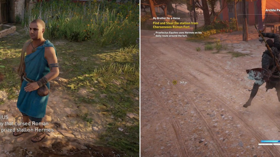 Talk to Darius, who will ask you recover a horse that was “requisitioned” by Romans (left). Kill the Quartermaster and his guards at the Archile Pandocheion to find out where Hermes went (right).