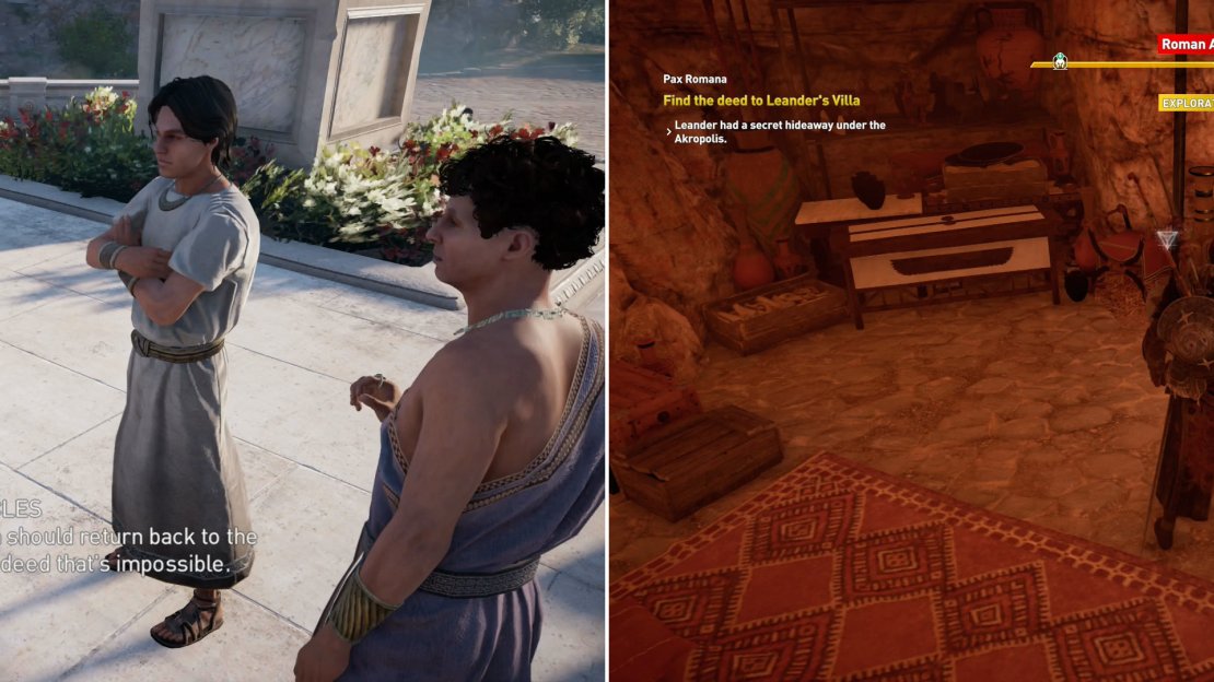 After your victory over Flavius, talk to Diocles, who has more work for Bayek (left), return to the Roman Akropolis and search the underground treasury to find the deed Diocles wants (right).