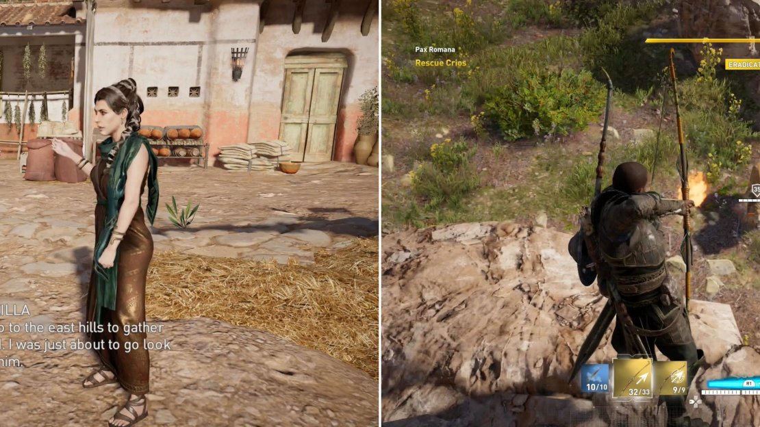 Talk to Praxilla back at Balagrae (left) and she’ll ask you to hunt down wayward Crios. Chase of the lion that has him scared up a rock to rescue the addled man (right).