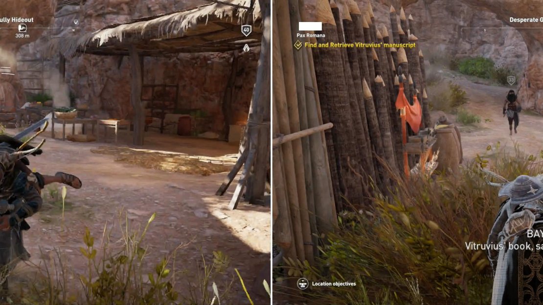 Kill the bandit at the Desperate Gully Hideout (left), including the one with Vitruvius’ manupscript (right).