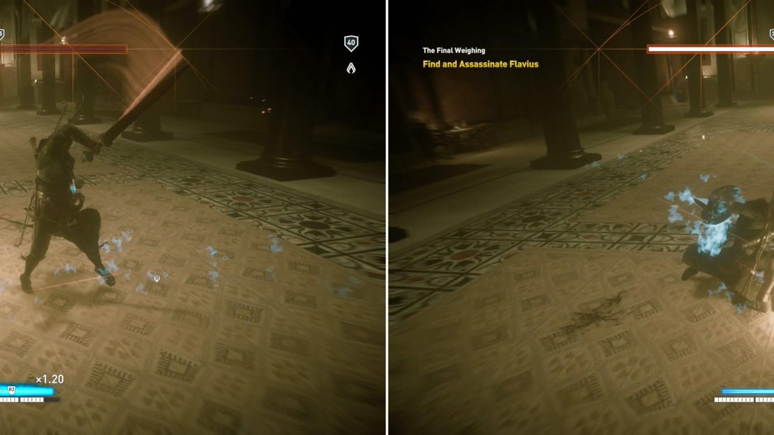 Dodge Flavius’ attacks and while doing so charge up a heavy attack (left) which will knock Flavius down and open him up for more abuse (right).