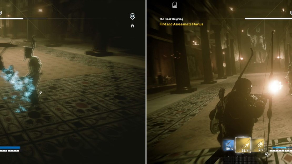 The shadows summon by Flavius will usually vanish before you can land a melee strike (left) so use your bows to dispel them (right).