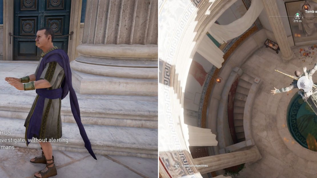 Iakchos will explain the unrest and slyly suggest somebody investigate the Tomb of Battos (left), which can currently only be done by diving through the roof (right).