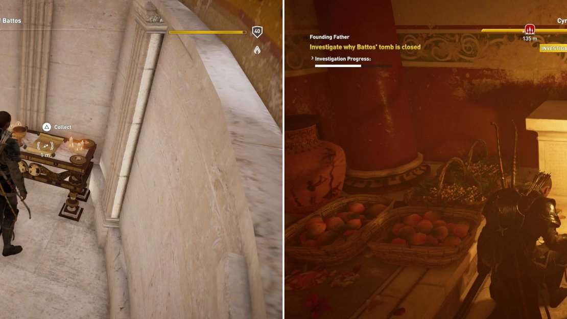 Pick up the Papyrus Puzzle scroll (left) then search the tomb to find evidence of larceny (right).