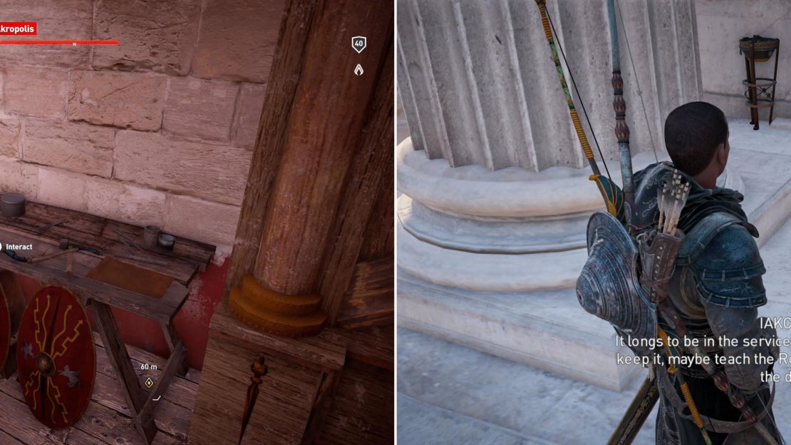 Pick up the relics (left) then return them to Iakchos (right).