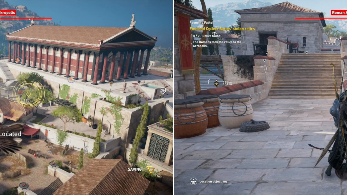 Use Senu to spot the relic thieves (left) then run about the walls of the akropolis, picking off Romans as you go (right).