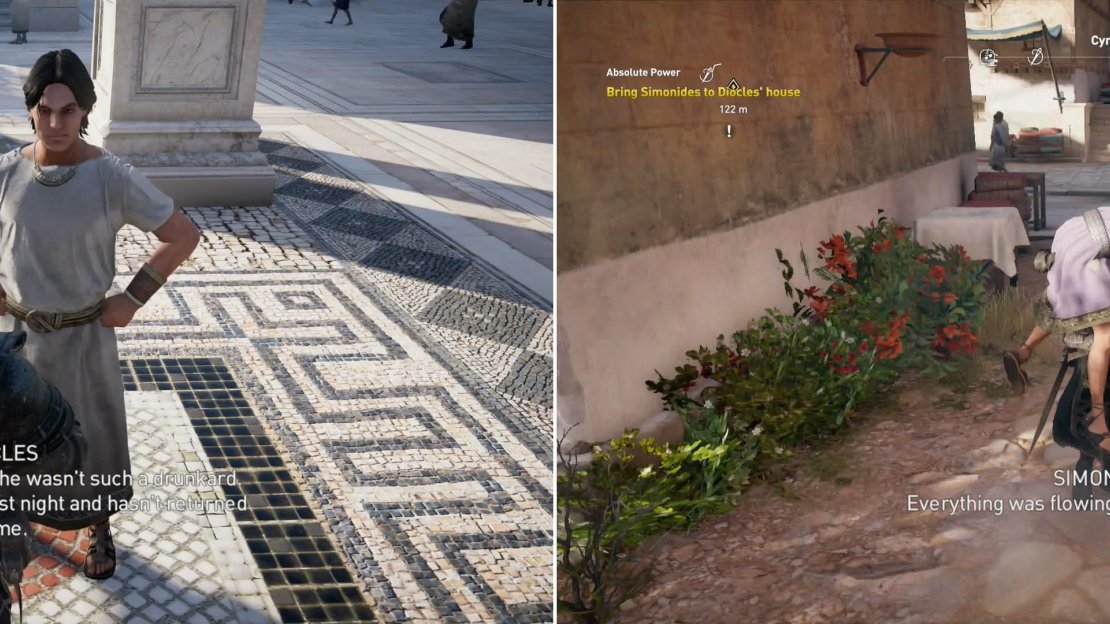 Talk to Diocles and he’ll request your help in dealing with a magistrate named Leander (left). Recover his drunken friend Simonides, who has info on intel you need (right).