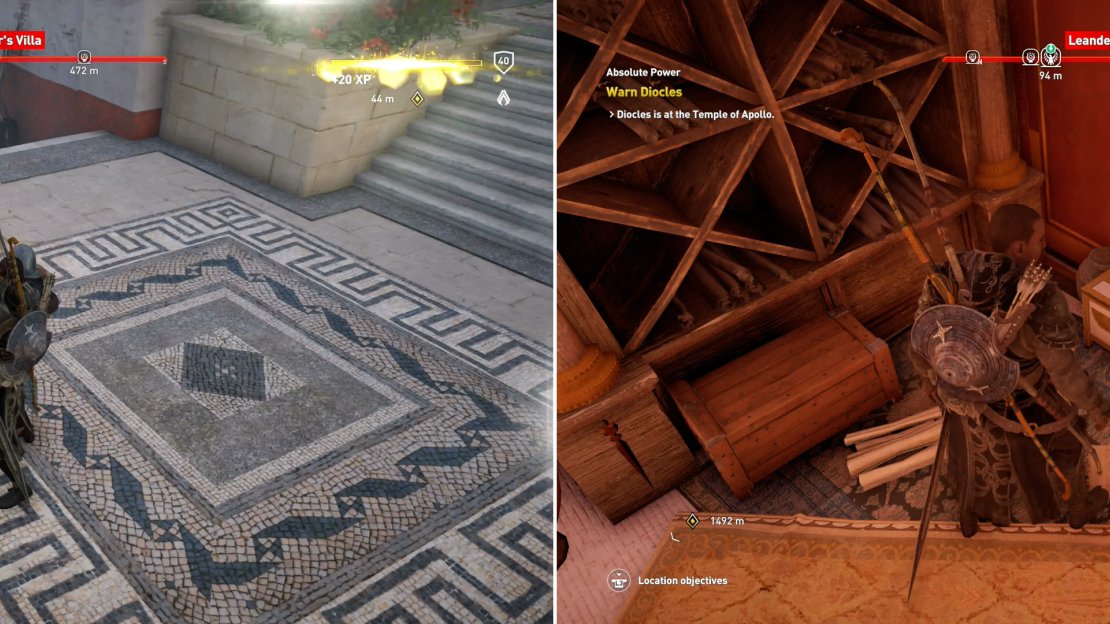 Kill the soldiers at Leander’s Villa (left), then search the estate to find the intel Simonides told you about (right).