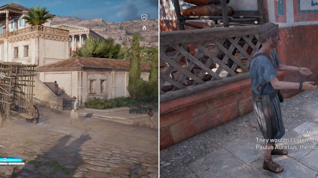 Free Sminthos from his wagon-drawn cart (left) then talk to him to learn why he was incarcerated (right).