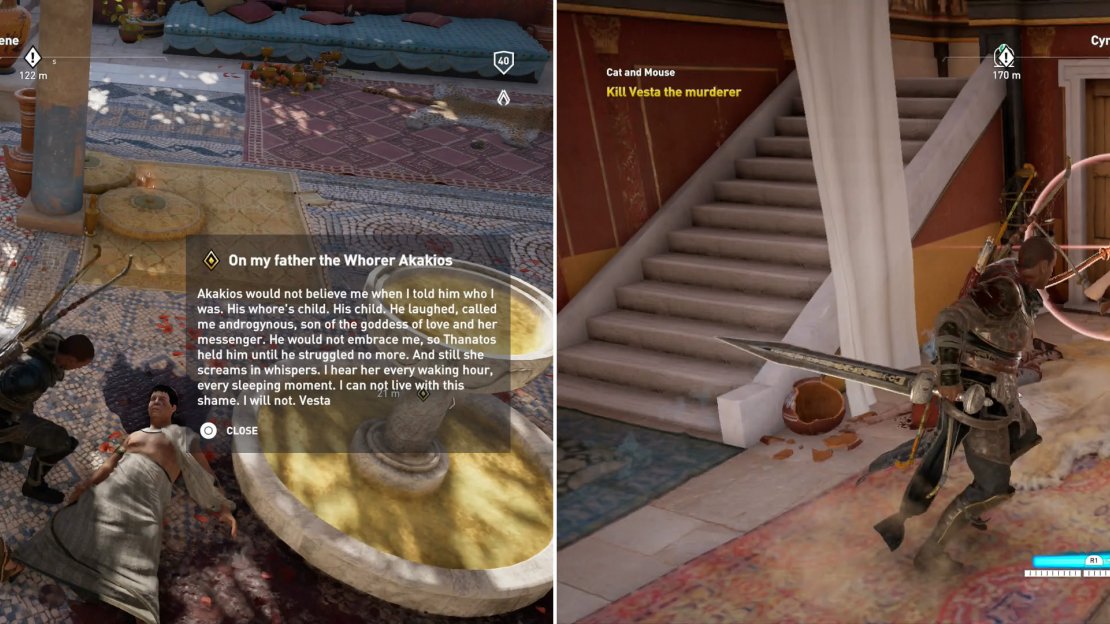 You’ll find the third and final body in the brothel (left) and as you leave, you’ll have to fend off the murderer (right).