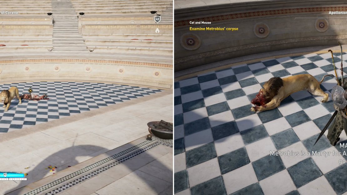 Kill the lion (left) then search the body of the second victim to find another clue (right).
