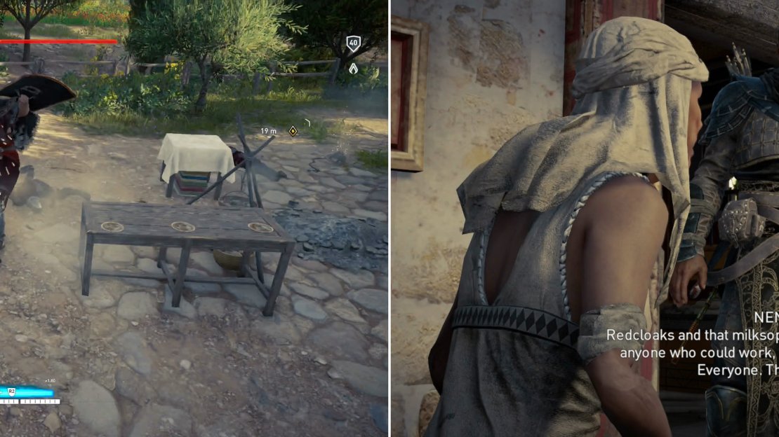 Kill the Roman soldiers patrolling the farm (left) then talk to the woman who bore witness to Flavius’ power (right).