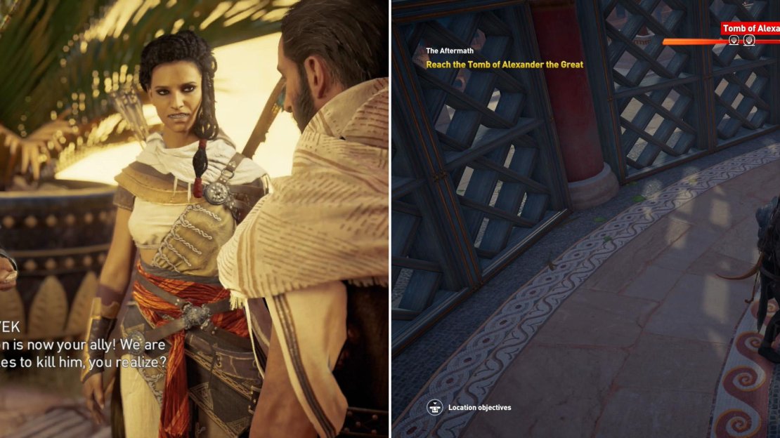 After being snubbed by Cleopatra, Aya and Bayek will vent their frustration on Apollodorus (left). Grab the “Ray of Hope” Papyrus Puzzle scroll from the Tomb of Alexander (right).