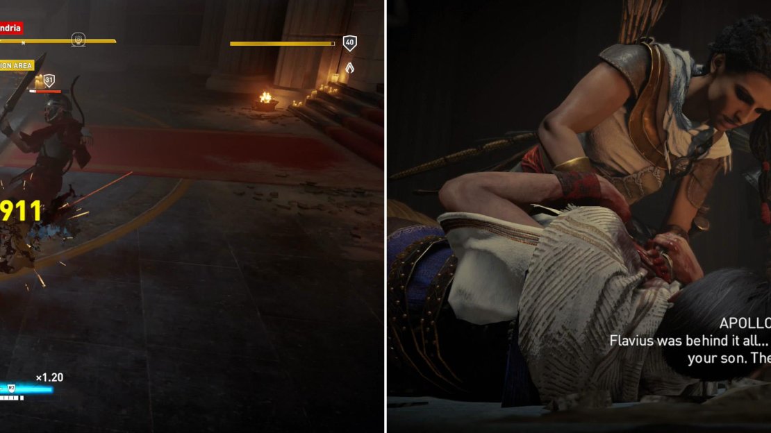 Fight off the Romans (left) then speak to Apollodorus to find out the mastermind of the Order of Ancients (right).