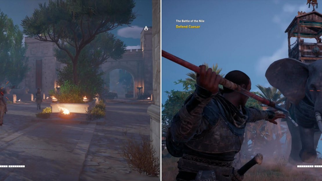 Shoot down the mounted archers who chase you (left) then attempt to ward off a somewhat more formidible foe (right).