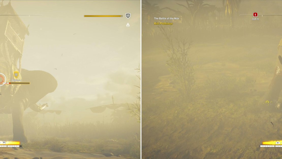 Use ranged attack to charge your Overpower meter (left). If you can circle around the beast, attacking its hind legs is relatively safe (right).