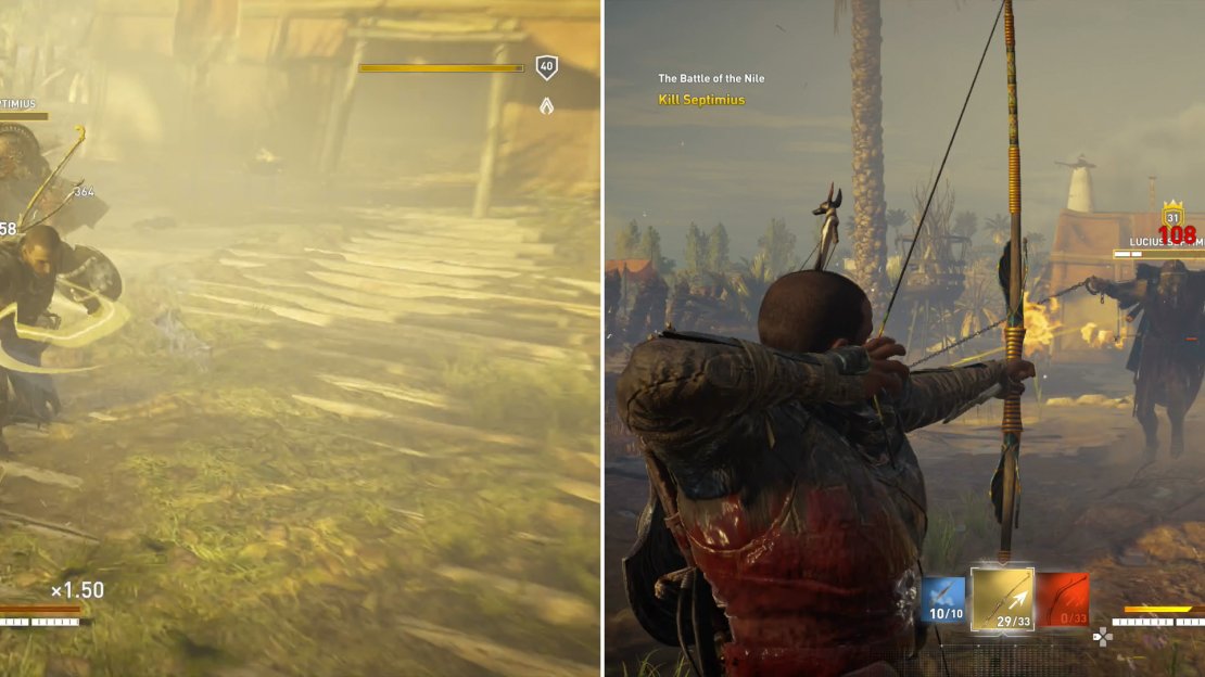 Use Overpower attacks to deal big damage (left). Septimius has limited ability to respond to ranged attacks (right)