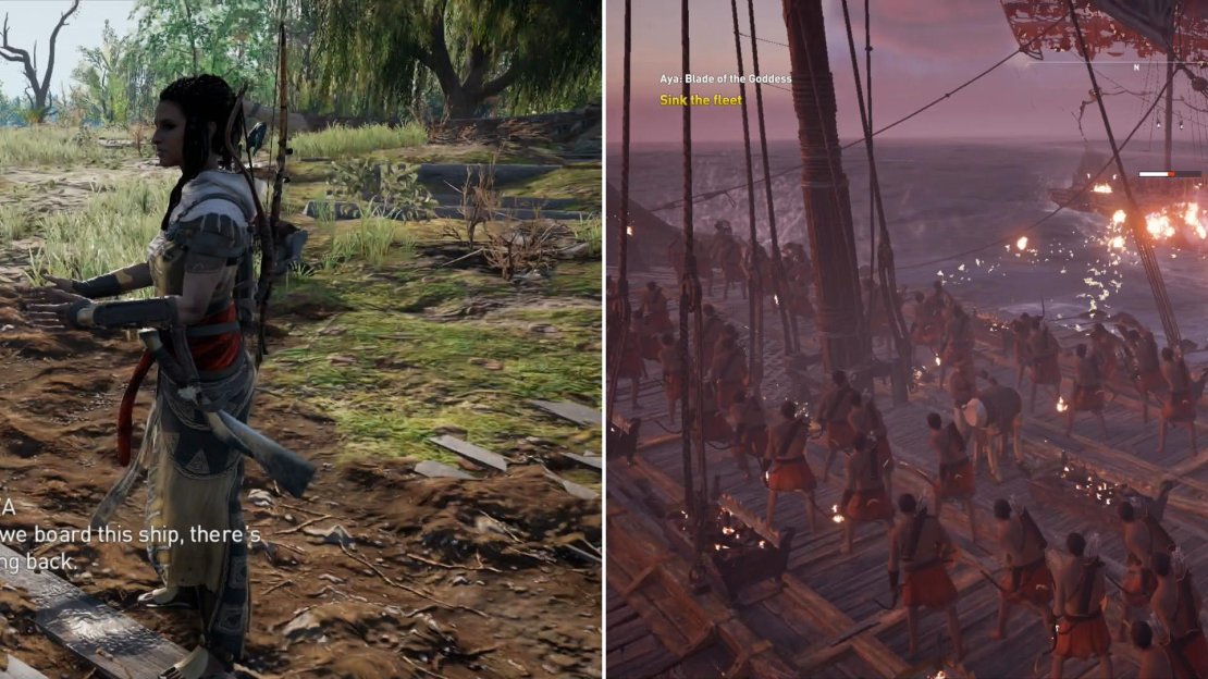 Heed Aya’s advice well - once you continue, you’ll be stuck doing main quests for a bit (left). When you do move on, practice your naval combat skills (right).
