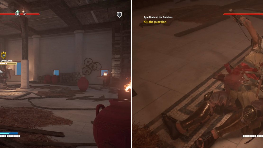 The Guardian has no answer for ranged attacks (left), which you can use to charge your Overpower attacks (right).
