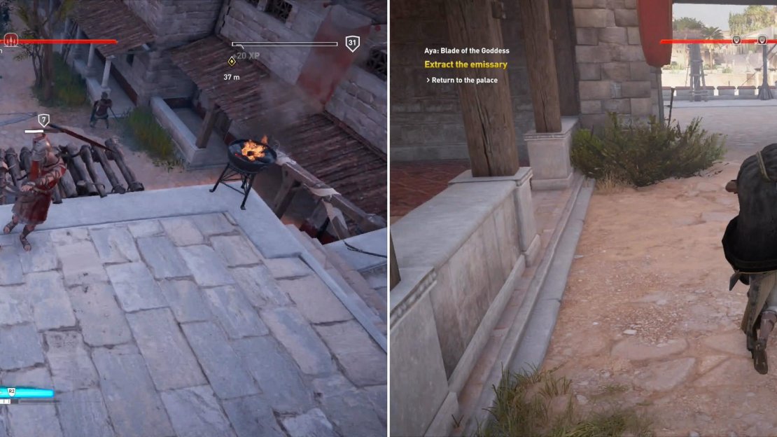 Fight your way through Ptolemy’s men (left) then grab the Roman emissary (right).