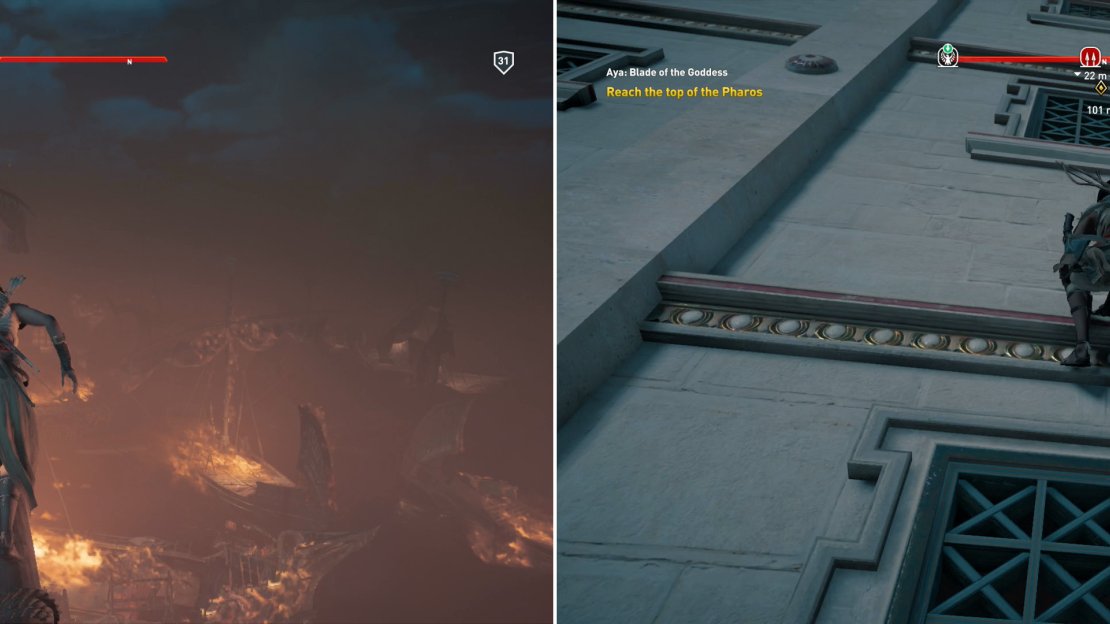 Cross over the masts of a burning fleet (left), then climb the Pharos (right).