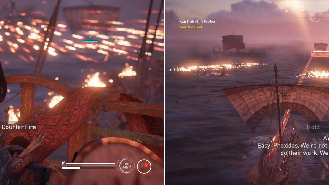 Be sure to brace against the Octareme’s attacks to negate its heavy damage (left) and use your catapult to deal significant damage (right).