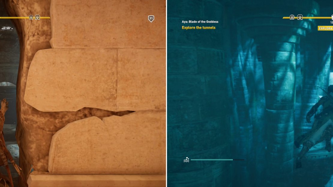 Break a hole in the wall and squeeze through a crack (left) to reach the tunnels running under Alexandria (left). Swim through a large chamber to reach a hole in the wall (right).