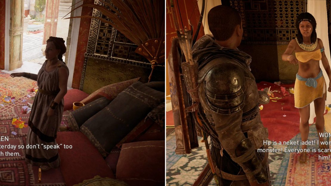 Pay the madame (left) then talk to the twins to learn where Venator can be found (right).