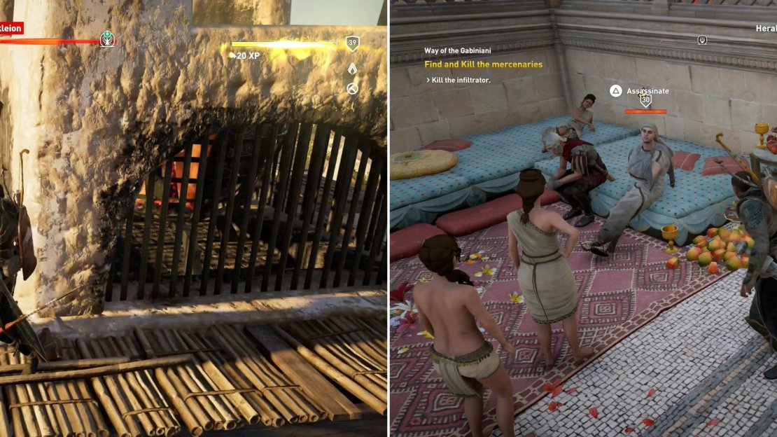 Climb a tower to kill the archer (left), then infiltrate the party to find the assassin disguised as a woman (right).