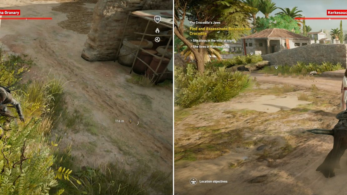 There’s ample foliage in the estate for you to hide in, making it a trivial manner to dispatch the guards (left). When her attendants are gone, close in on and eliminate the Crocodile (right).