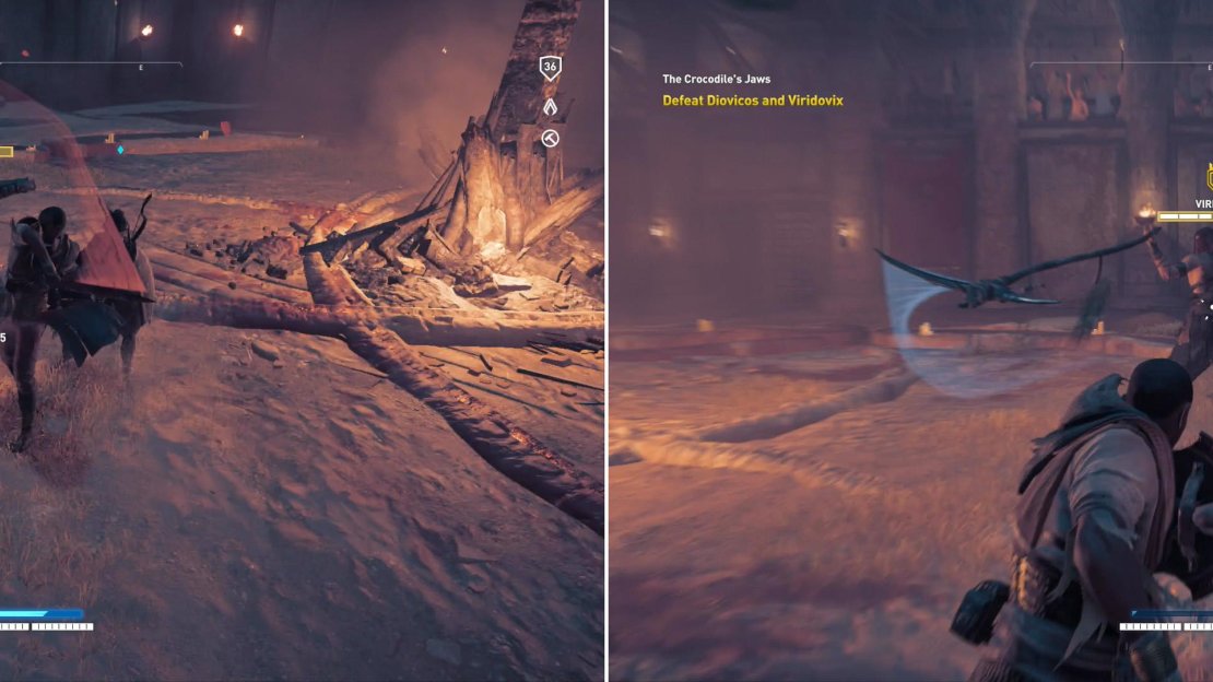 Diovicos can be lured from his brother, where he’s susceptible to hit-and-run heavy attacks (left). Viridovix is slower than his brother, but has superior attack range (right).