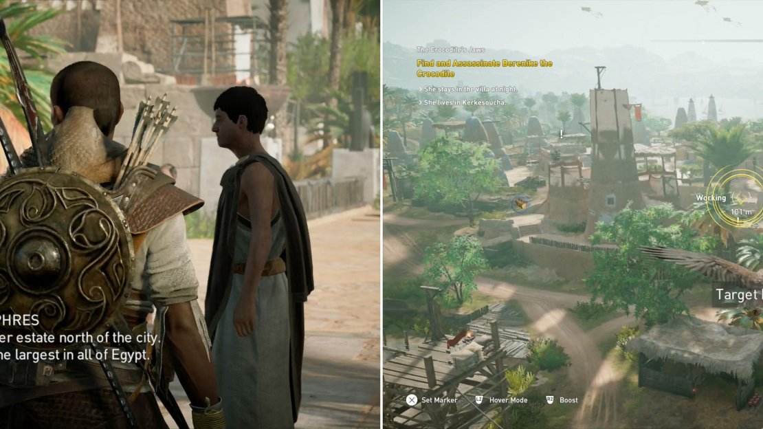 Talk to Hotephres and he’ll put a location to the name the Gallic Brothers gave you (left). Use Senu to find your prey (right).