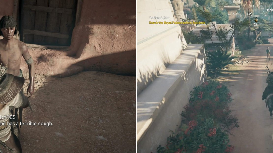 Panchrates will tell you how to spot The Lizard (left). Race Aya to the Palace of Apries (right).