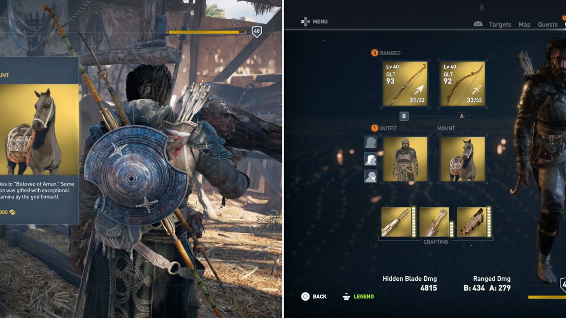 Obtaining a legendary mount through normal gameplay can be tricky, but with the “Backstore” ability you can buy legendary mounts from a stable (left). In general, though, expect it to take quite a while to get enough legendary equipment to fill up every slot (right).