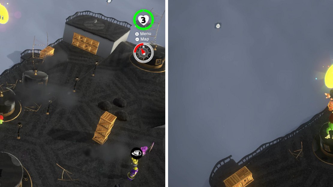 A normal jump with the frog won’t be enough to get the moon above the hat (left). Shake your controller to perform a high jump to get it (right).