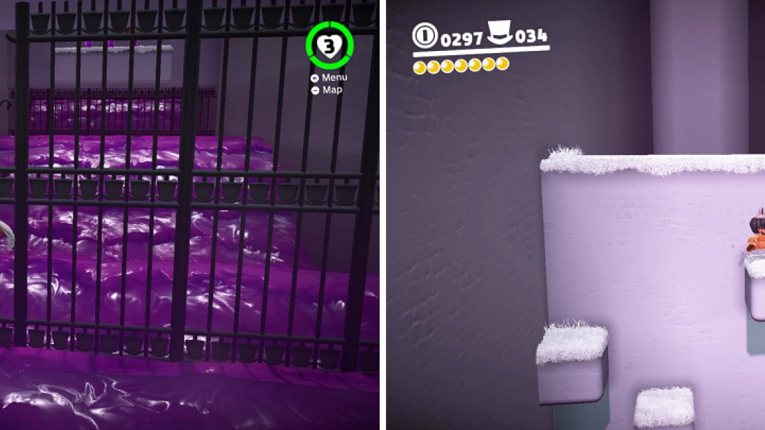 Look for the hole in the gate under the exit (left). Another Power Moon can be found on top of the exit (right).