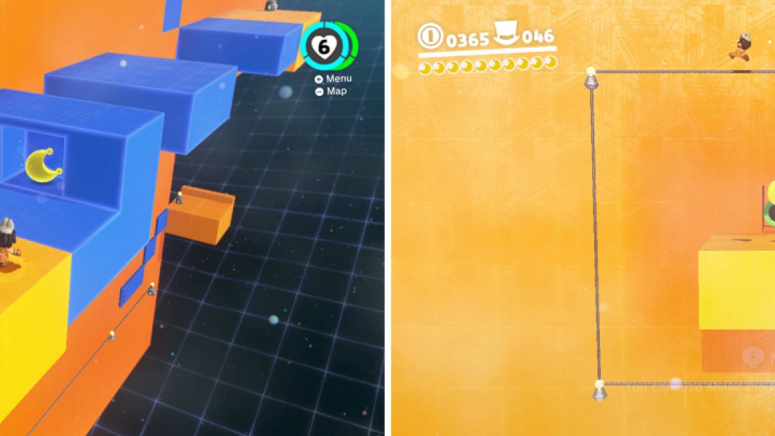 There is a moon hidden inside one of the moving blocks (left). You have to release the capture while above the moon at the end (right).