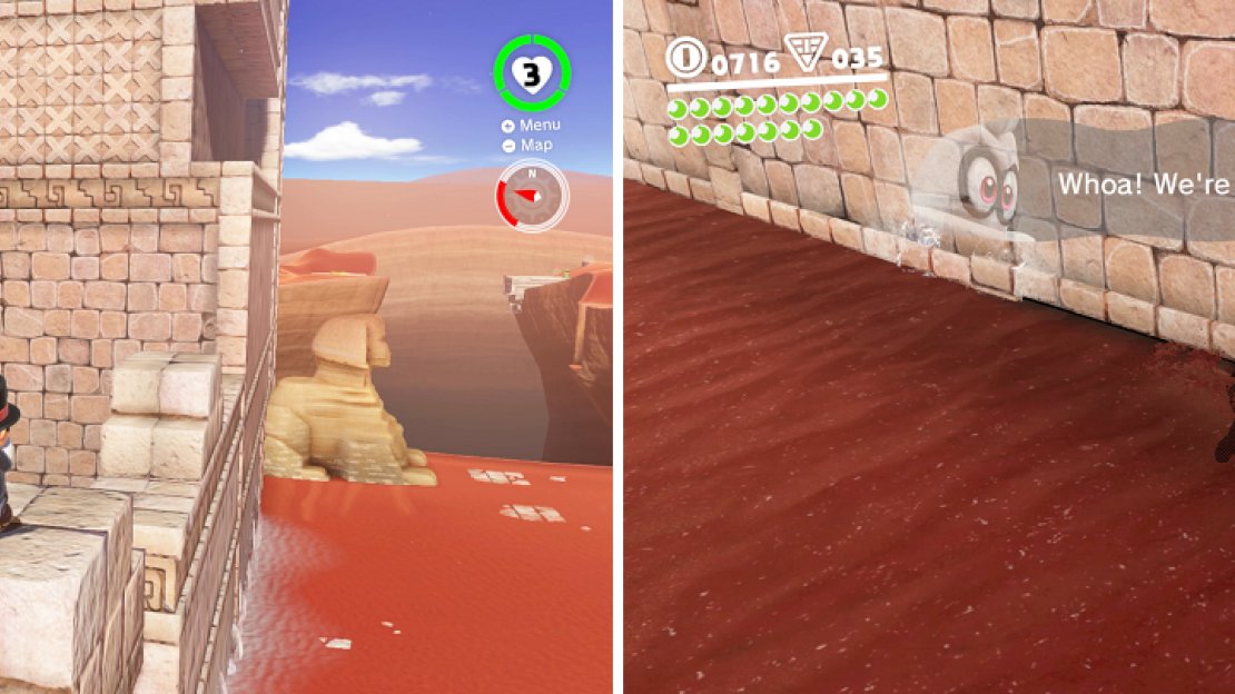It might not be too obvious, but you can head underneath the wall (left) to reach a secret area with another Power Moon.