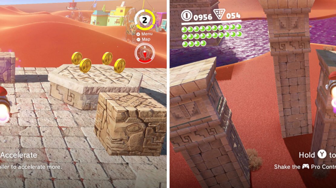 You not only need the Bullet Bills to break open the stone blocks (left), but to also fly over large gaps (right).