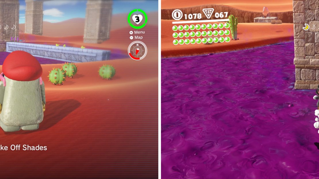 The Moe-Eye’s ability to see hidden pathways (left) will make it easier to collect purple coins and moons on the island (right).