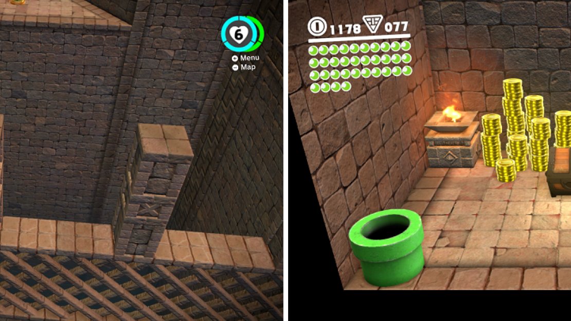 The conveyor with the pillars (left) is hiding a secret room with a multitude of treasures (right).