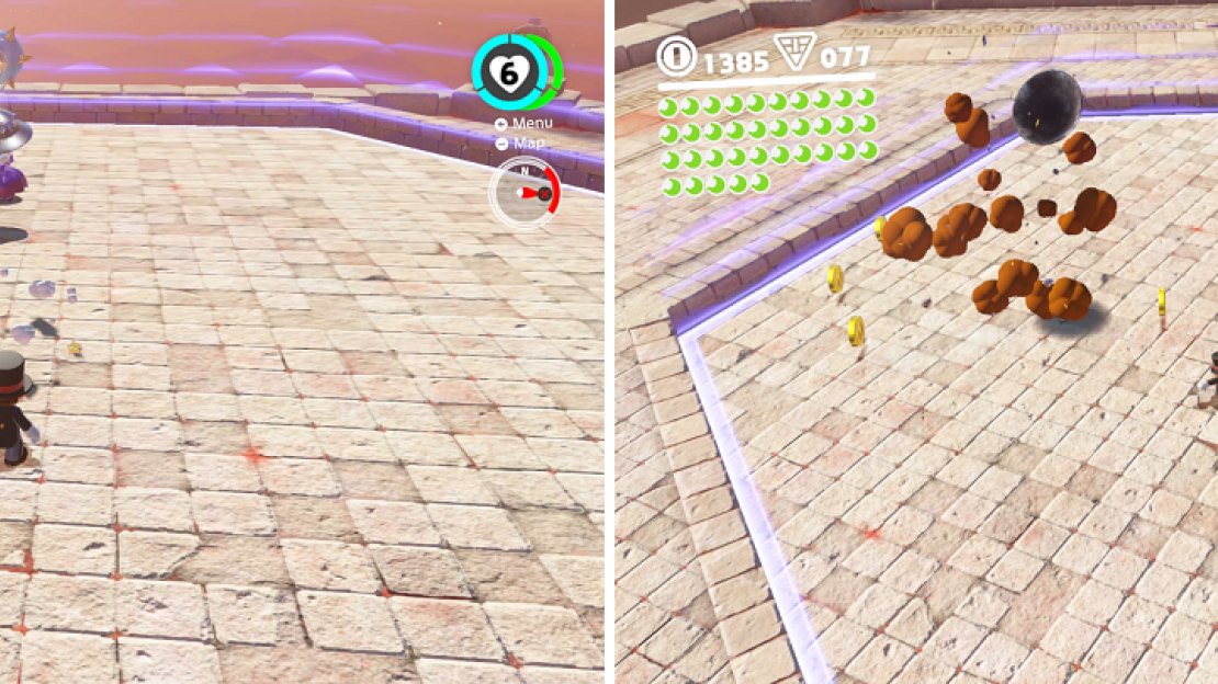 Not only can you toss back the bombs on the ground (left), but even the ones when she’s in the air (right).