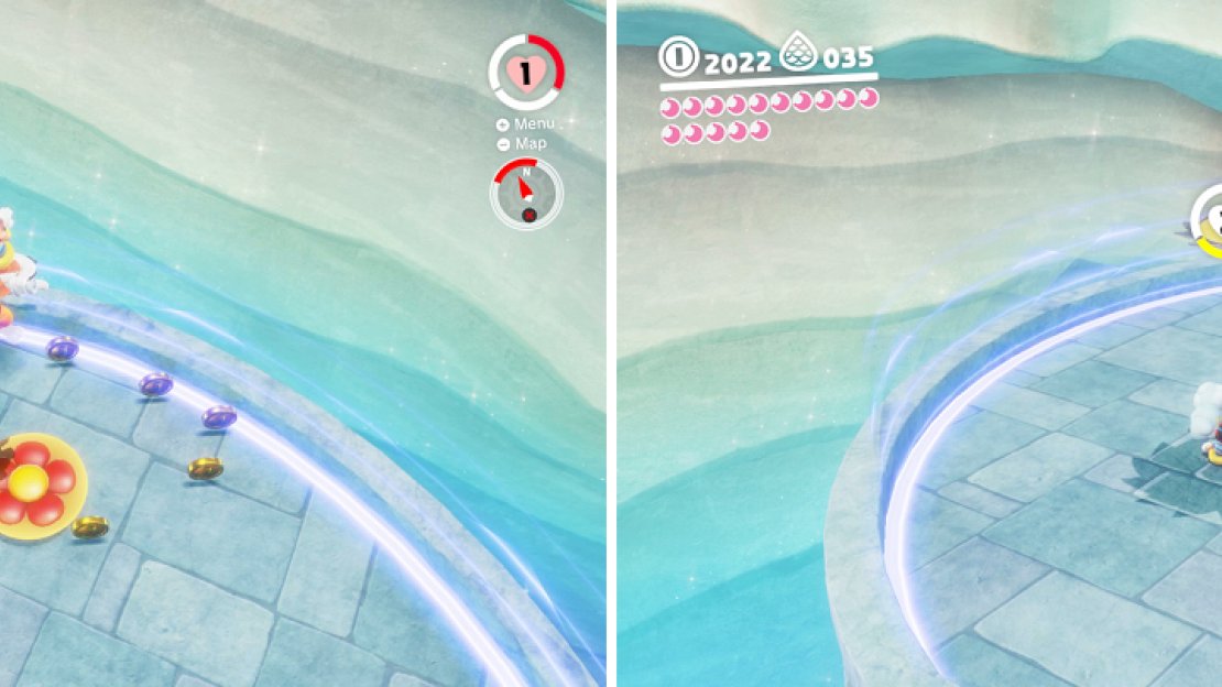 After hitting his hat, you can use it to bounce on Rango’s head (left). Keep moving to avoid Rango’s bouncing (right).